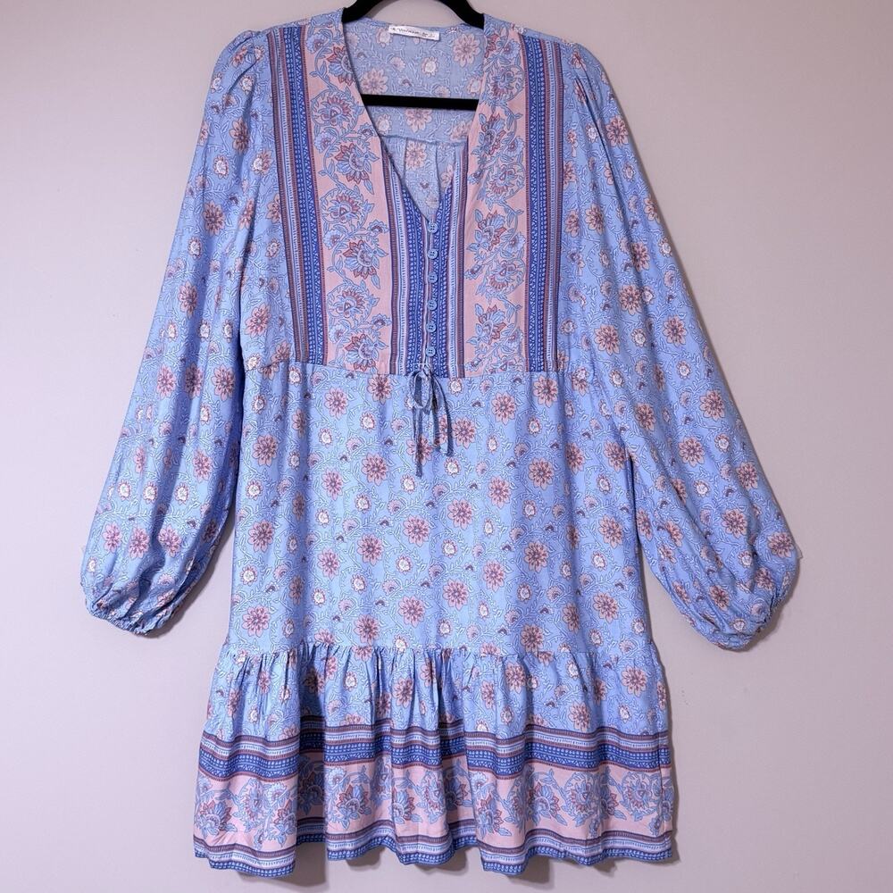 R. Vivimos Boho Festival Women SIZE LARGE Blue Floral Tassel Babydoll Mini Dress